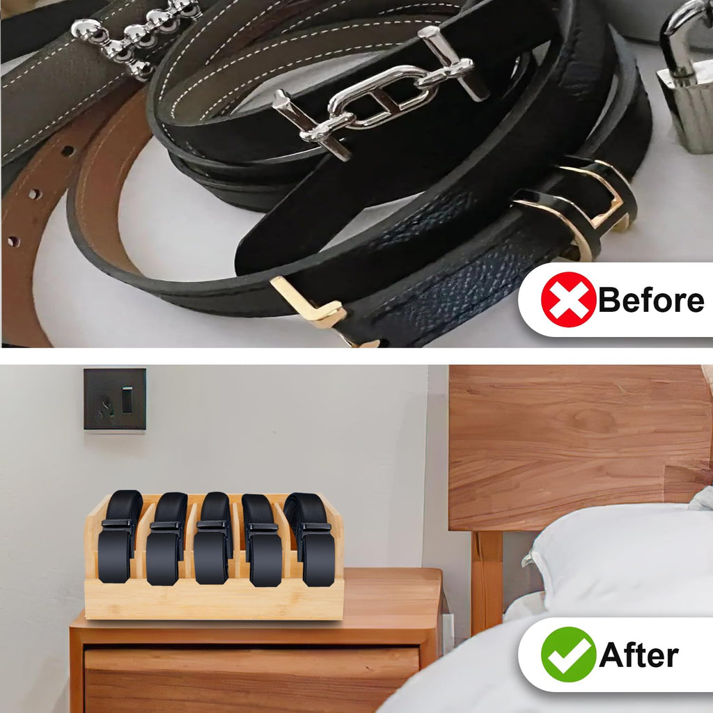 Belt Organizer, 5 Compartments Belt Organizer for Closet and Drawer, Bamboo Display Case for Tie and Belt, Belt