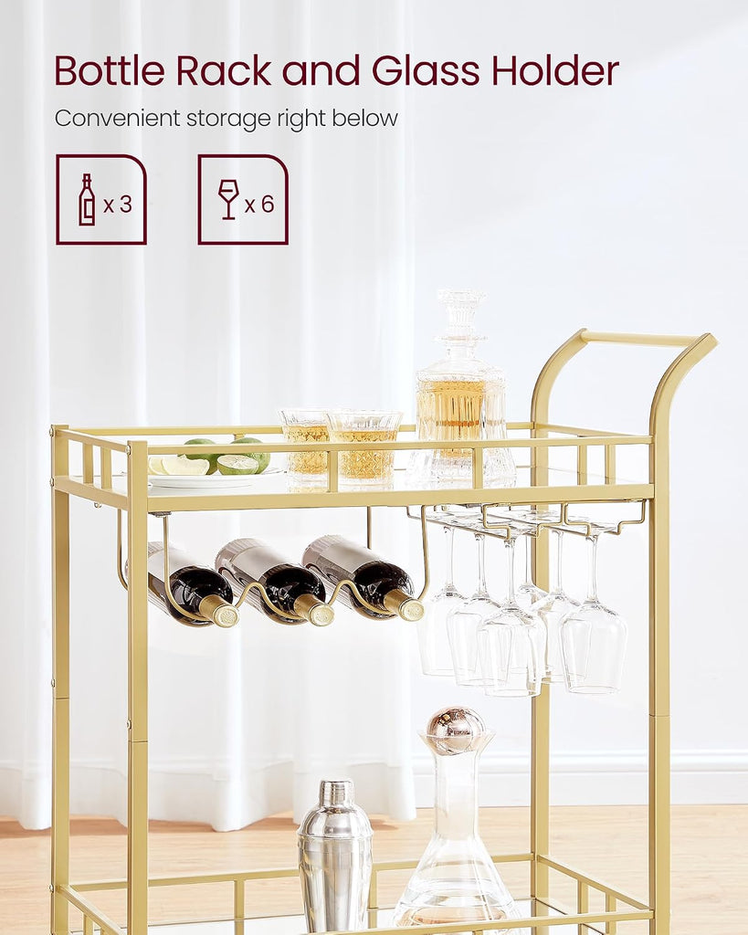 Bar Cart Gold, Home Bar Serving Cart, Wine Cart with 2 Mirrored Shelves, Wine Holders, Glass Holders, Gold ULRC092A62