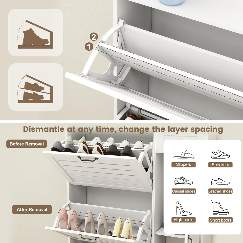 Shoe Storage Cabinet with 3 Flip Drawers, Freestanding Hidden Wooden Shoe Storage, Drawer & Adjustable Shelves, Slim