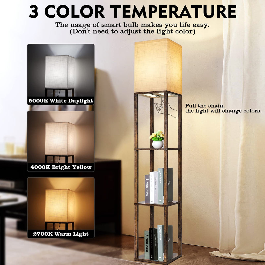 Floor Lamp with Shelves, Modern Shelf Lamp for Display Storage, 3 Color Temperature Wood Narrow Standing Corner Lamp
