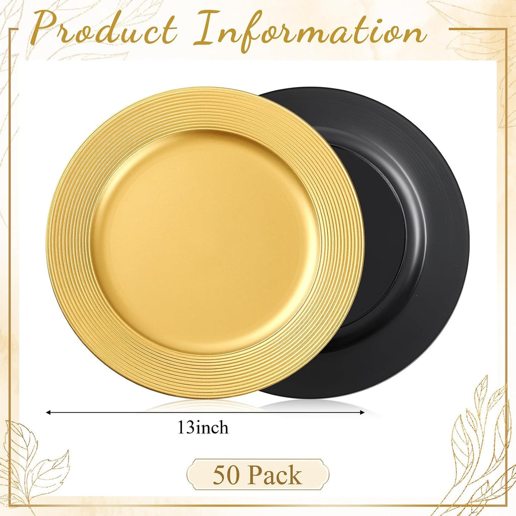 Gold Charger Plates Bulk 13 Inch Round Dinner Charger with Ring Pattern Reusable Plastic Wedding Elegant Plate - Set of 50