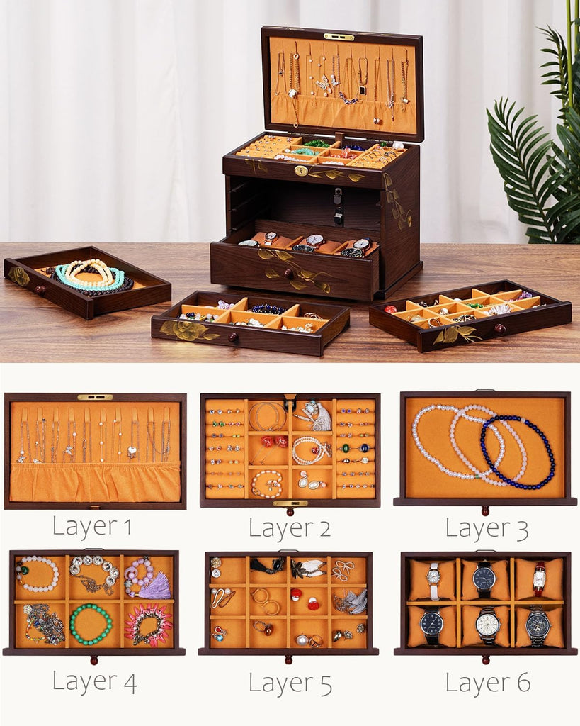Painted Wooden Jewelry Box for Women, 6-Layer Vintage Organizer with Lock