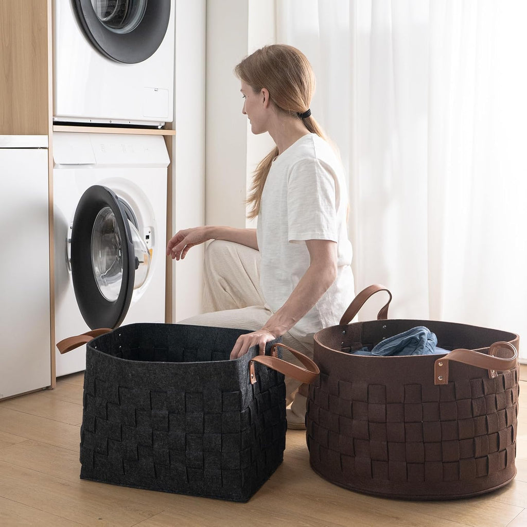 Laundry Basket 20 " x20 x11.8 , Large Round Blanket Basket with Leather Handle, Felt Storage Basket , Dog Toys-Dark
