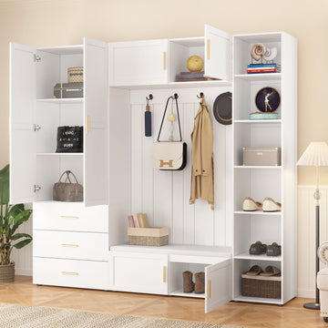 Wide Hall Tree with Cabinet and Bench, Farmhouse Mudroom Storage Organizer with 4 Hooks, and Adjustable Storage