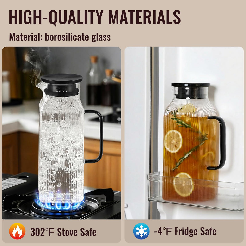 2 Liter/68 oz Square Glass Pitcher with Lid, Classic Stripes Water Pitchers with Handle for Fridge, Large Jug for