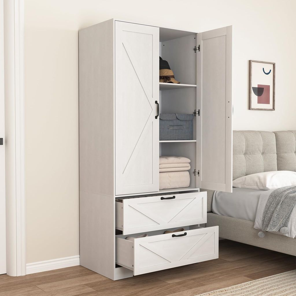 72" Armoire Wardrobe Closet with Mirror Door and LED Lights, Farmhouse Bedroom Armoire with Drawers and Adjustable