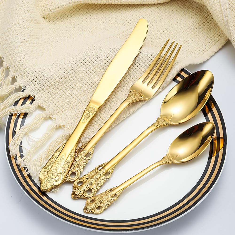 16-Piece Silver Gold Cutlery Set for 4, Two-Tone Silverware with Textured Handle, Modern Flatware with Knife, Fork