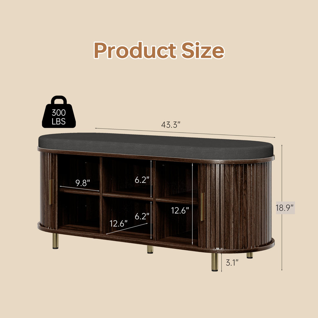 2-Tier Storage Bench, Wide Shoe Bench with Thickened Padded Seat Cushion, Mid Century Modern Fluted Sliding Door and