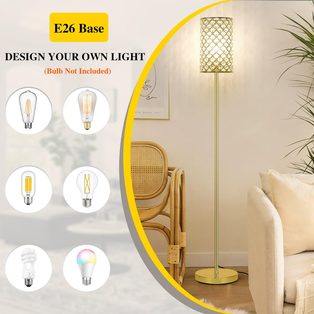 Gold Floor Lamp, Crystal Tall Pole Lamp with On/Off Foot Switch