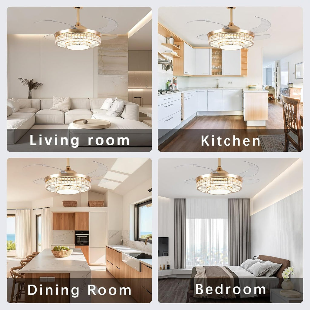 42" Retractable Ceiling Fans with Lights, Crystal Chandelier Ceiling Fan with Remote & APP Control, Modern Dimmable