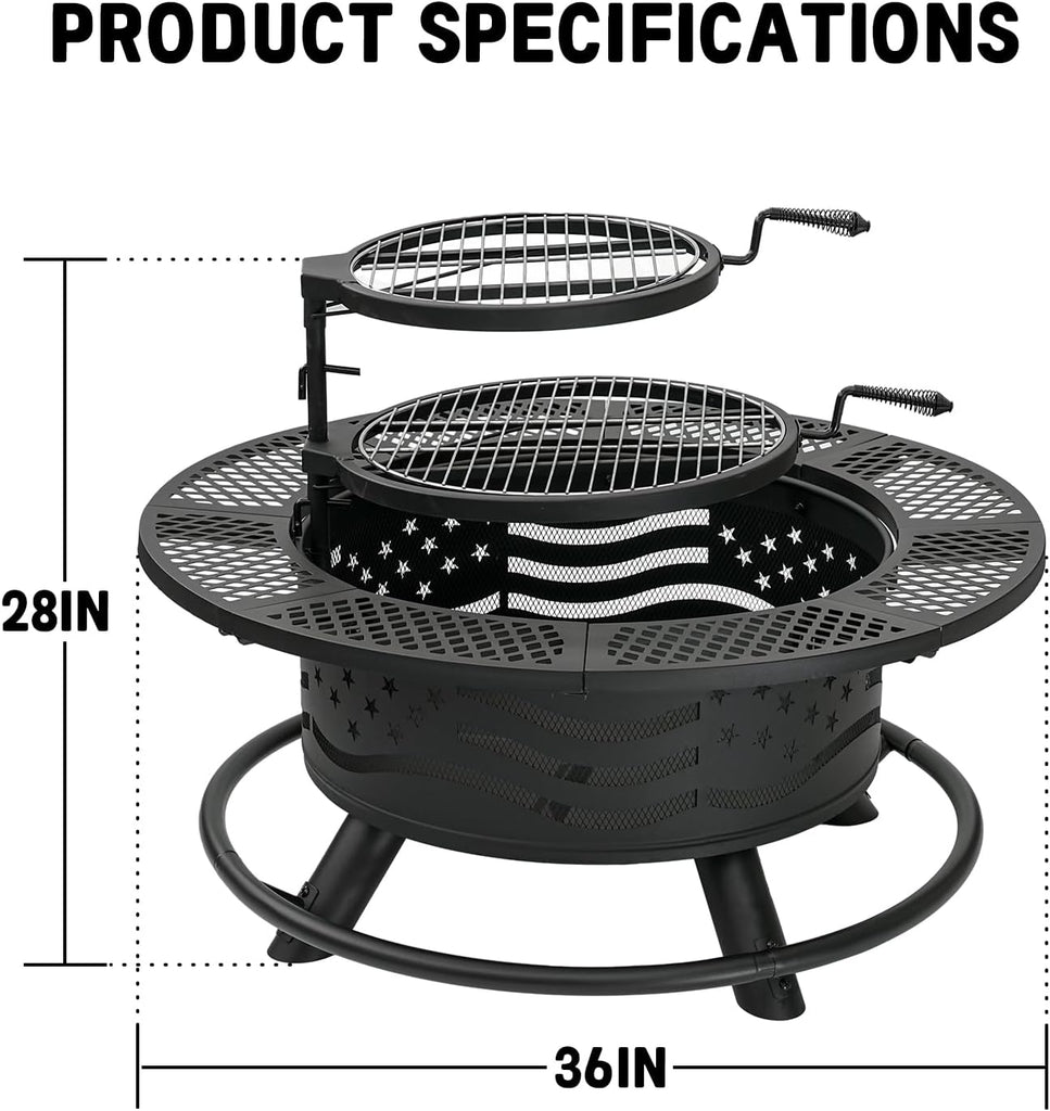 36 Inch Fire Pit with 2 Cooking Grates, Wood Burning BBQ Grill Firepit Bowl with Cover Lid, Steel Round Table - Black