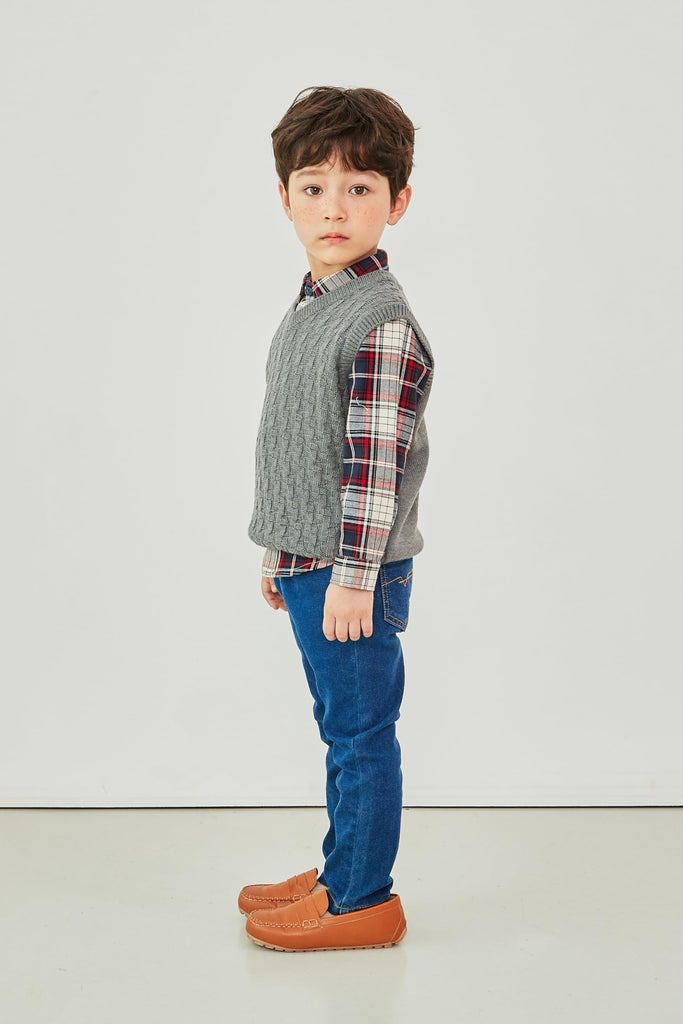 Kids Toddlers Unisex Classic Checkered Pattern Lightweight V-Neck Wool Blend Knit Vest for Boys & Girls