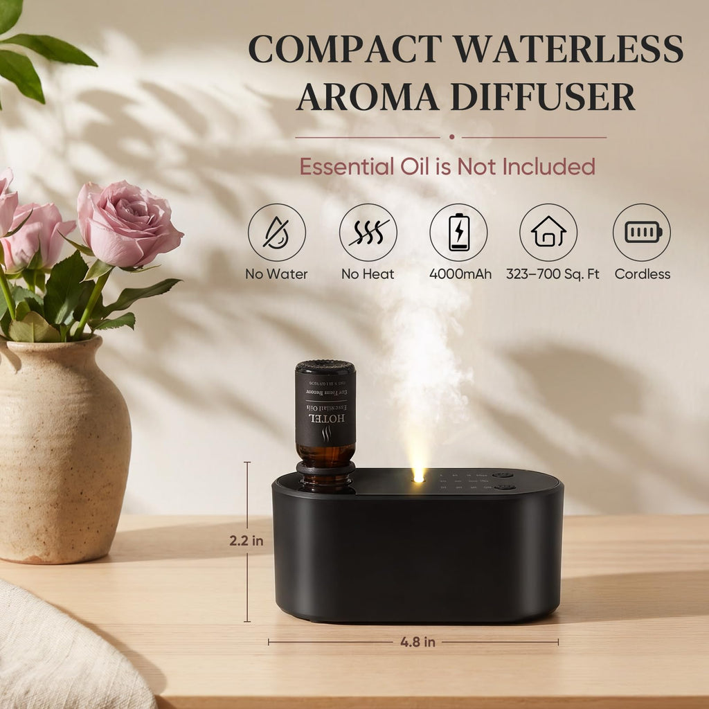 Waterless Essential Oil Diffuser, Battery Operated Nebulizer, 323-700 sq.ft