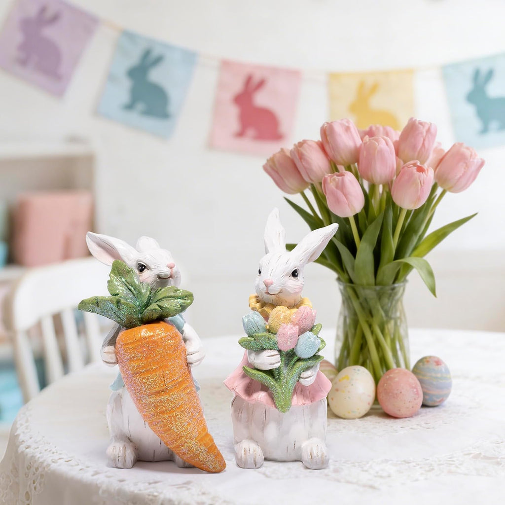 Easter Bunny Decorations Resin Rabbit Figurines with Carrot & Tulip Bouquet, Spring Indoor Decor Bedroom - Set of 2