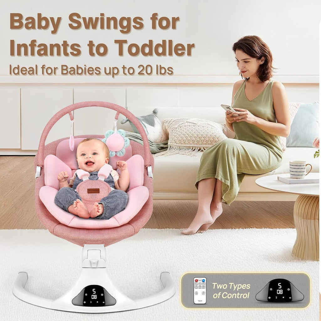 Portable Baby Swing with Remote Control Bluetooth Music Speed Timer Pink