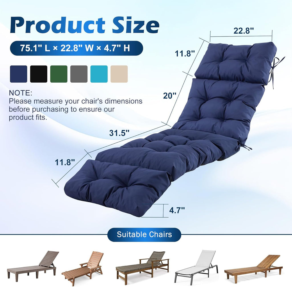 Chaise Lounge Cushions Outdoor, Waterproof & Fade Resistant Patio Lounge Chair Cushions for Outdoor Furniture, Chaise