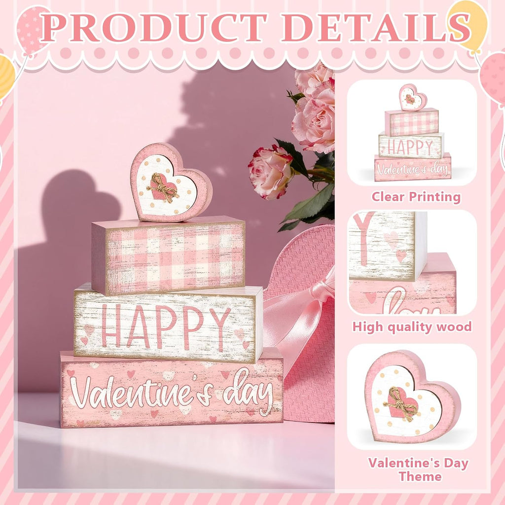 Tiered Tray Decor Set, , Wooden Table Sign, Pink Valentine - Set of 4