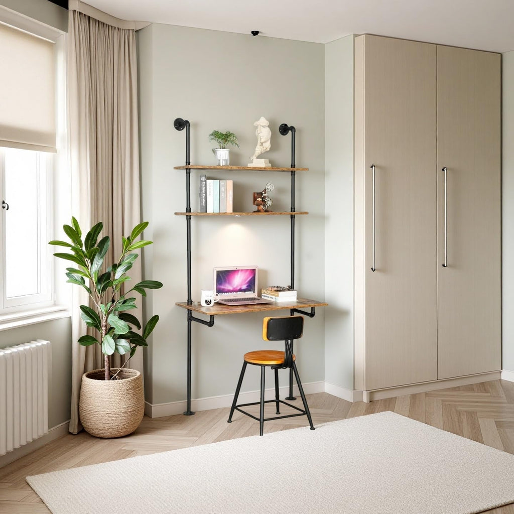 Wall Mounted Desk with Shelves, Industrial Ladder Style Floating Desk for Small Spaces, Computer Table with Storage