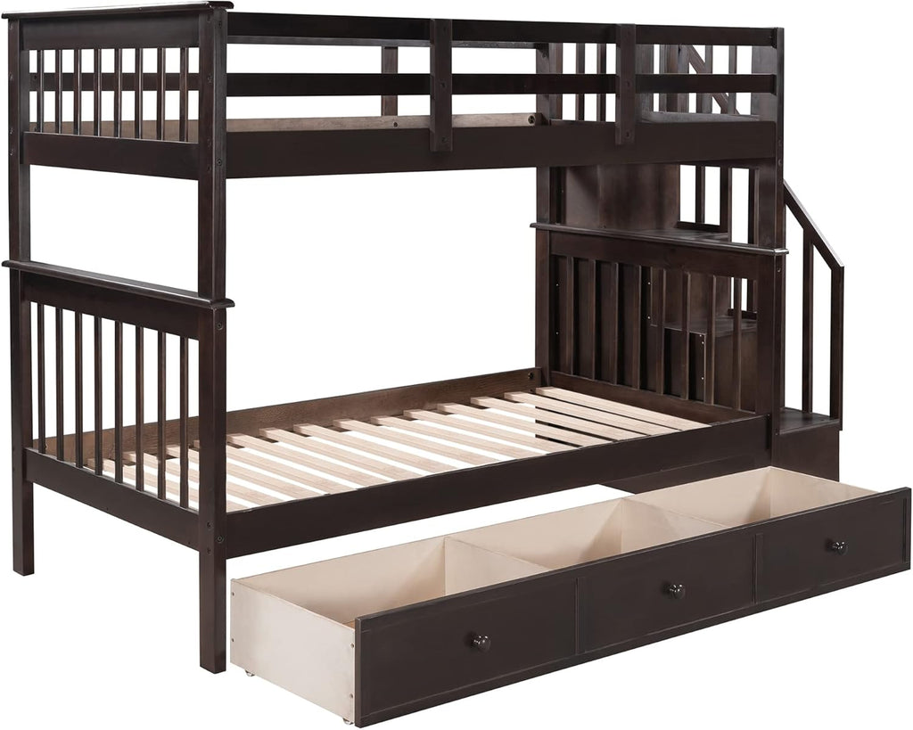 Wood Twin Over Twin Bunk Bed with Drawers and Stairs