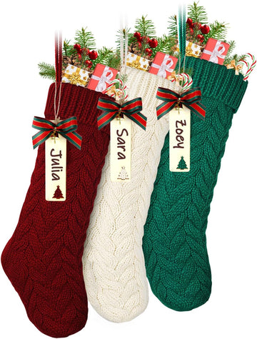 Knit Christmas Décor Stockings with Name Tags, 3 Pack 18" Large Cable Xmas Stockings Classic Burgundy Red Ivory - Set of 3