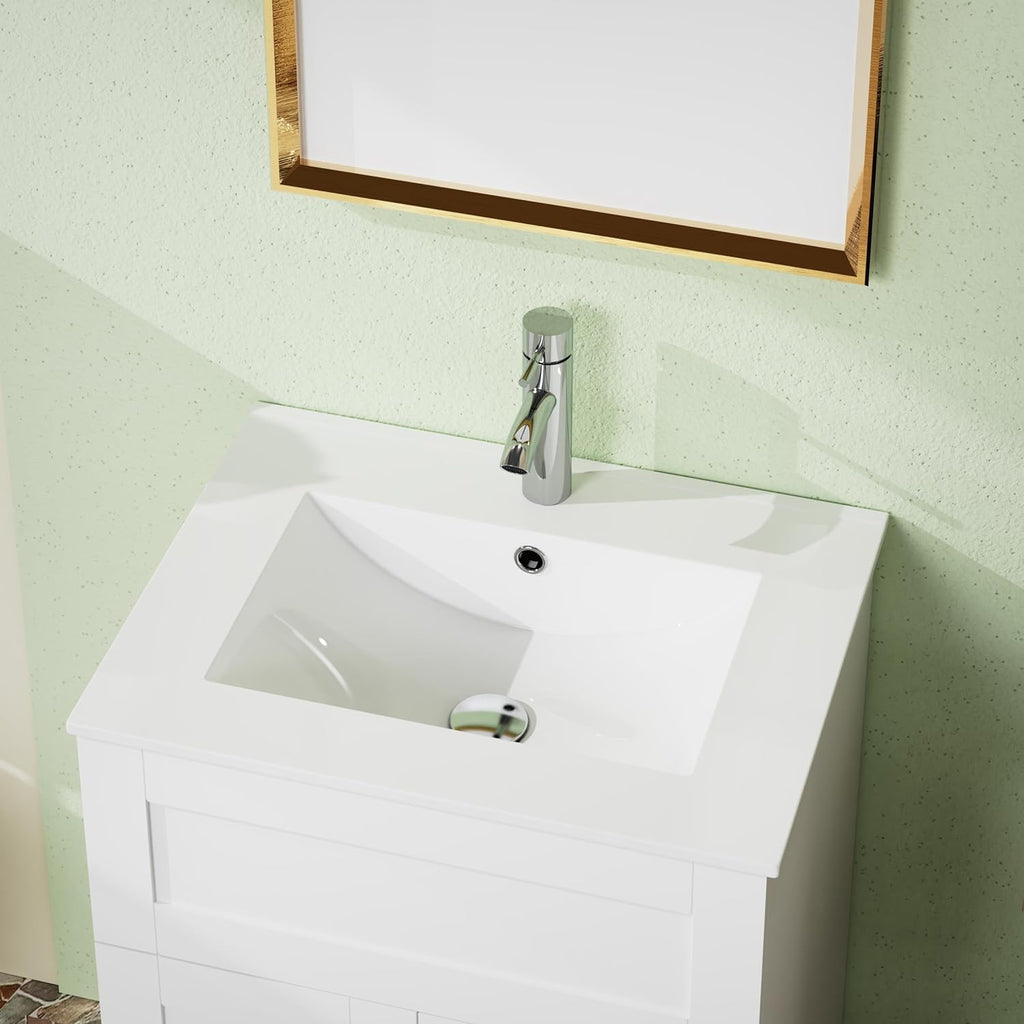24" White Freestanding Bathroom Vanity with Single Sink - Modern Vanity Cabinet
