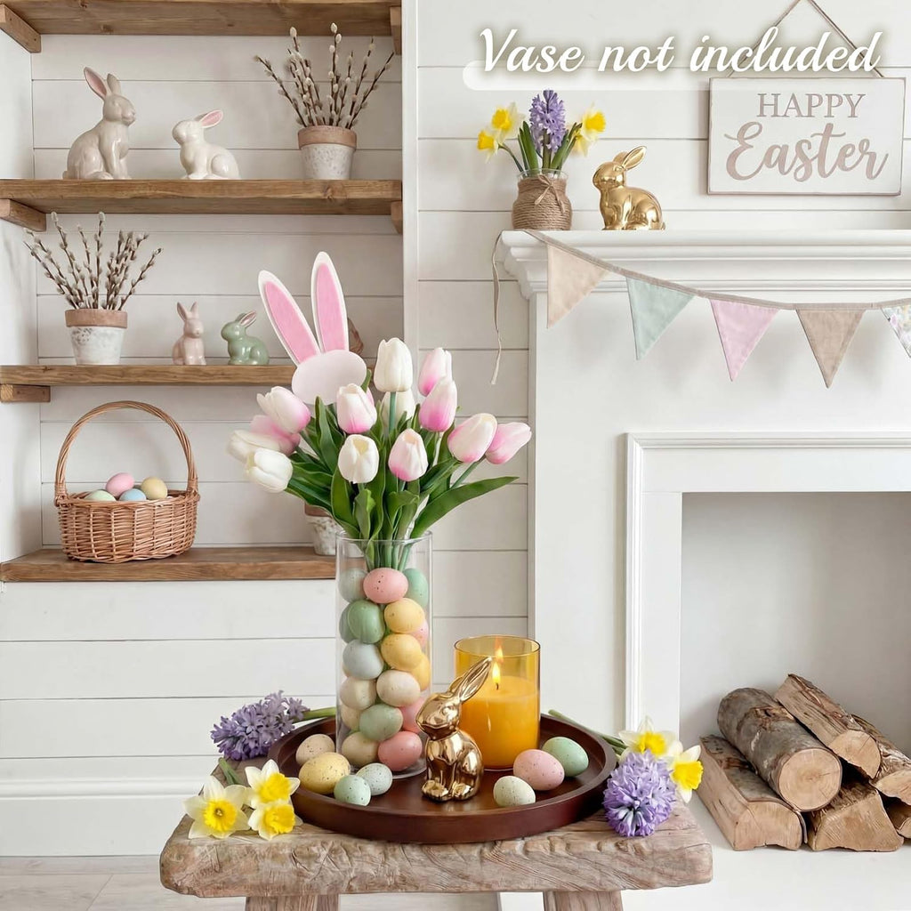 Spring Easter Centerpiece Table Decorations Pastel Eggs Artificial Tulips Bunny Statue Wooden Round Tray LED Candle - Set of 50
