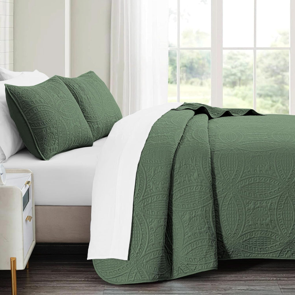 Queen Quilt Bedding Set,Olive Green Ultrasonic Full/Queen Quilt Set,Lightweight Soft Bedspread Coverlet,Modern Style
