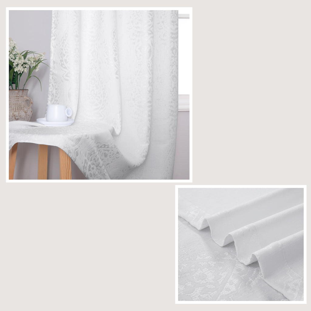 Off White Damask Moroccan Pattern 3D Jacquard Embossed Embroidered Curtains 96 Inch Length Bedroom 2 Panels Set, Ivory