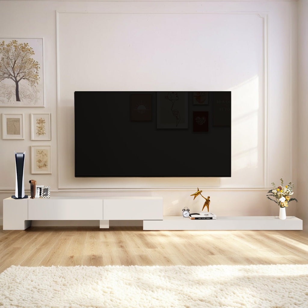 Retractable TV Stand, Solid Wood Minimalist TV Shelf, Mid-Century TV Console with 1 Door & 2 Drawers, Adjustable 71''