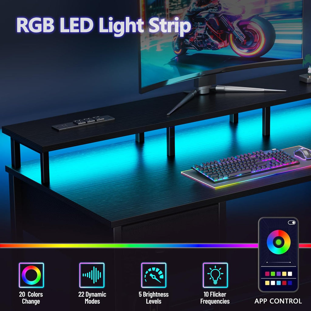 47 Inch Gaming Desk with Power Outlets and LED Lights, Reversible Computer Desk with 5 Fabric Storage Drawers, Home