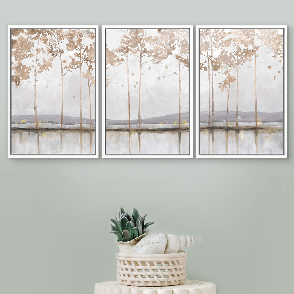 Framed Canvas Print Wall Art Set Pastel Mountain Lake Tree Forest Abstract Shapes Illustration Modern Art Decorative