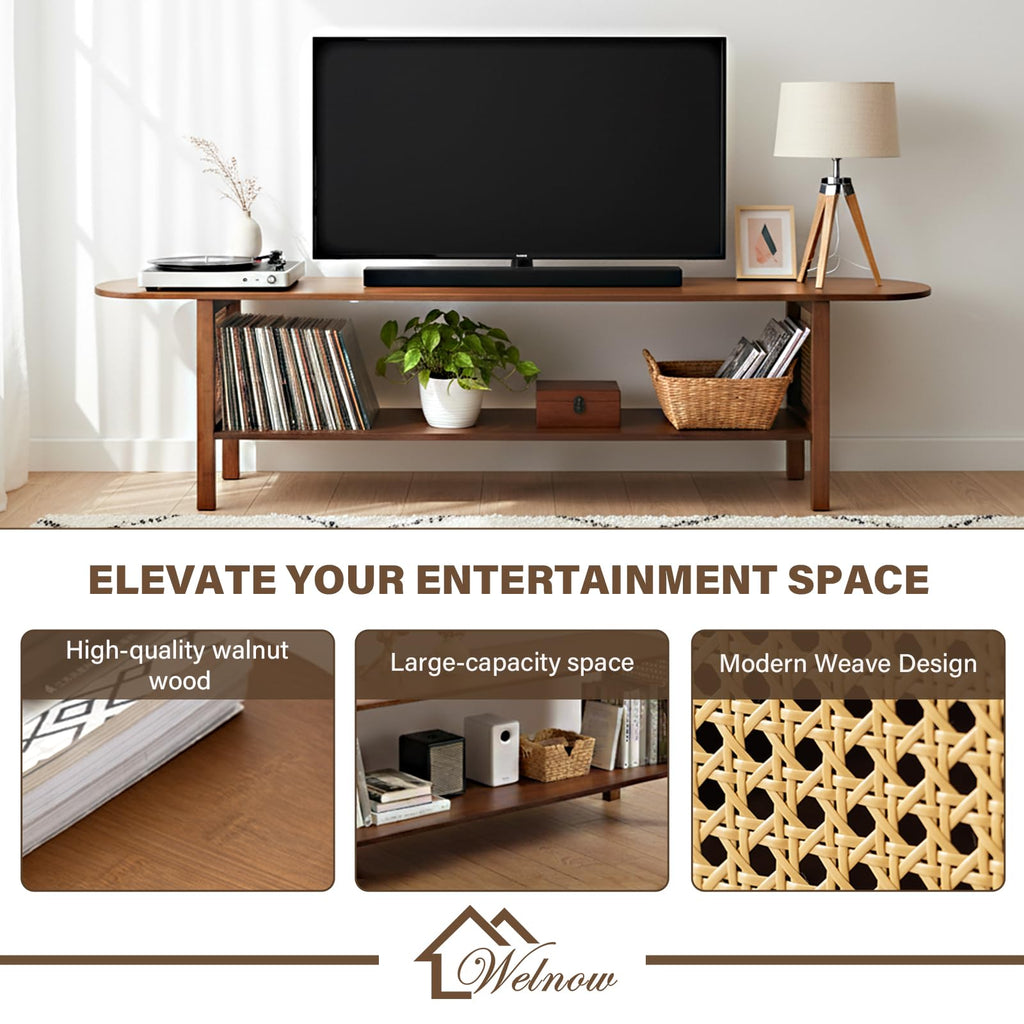 Walnut Rattan TV Stand for 65'' TV, Media Console, 2 Open Shelves