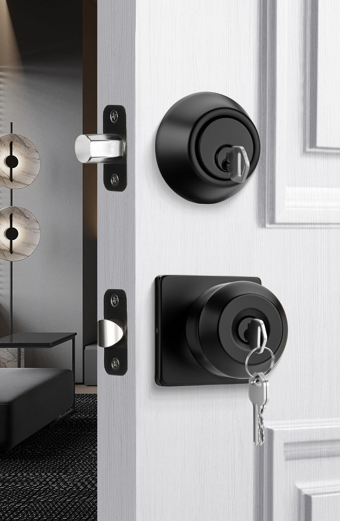 Exterior Deadbolt and Keyed Entry Door Knob Set, Key Entry Front Black Door Knob with Lock and Key (3 Pack)