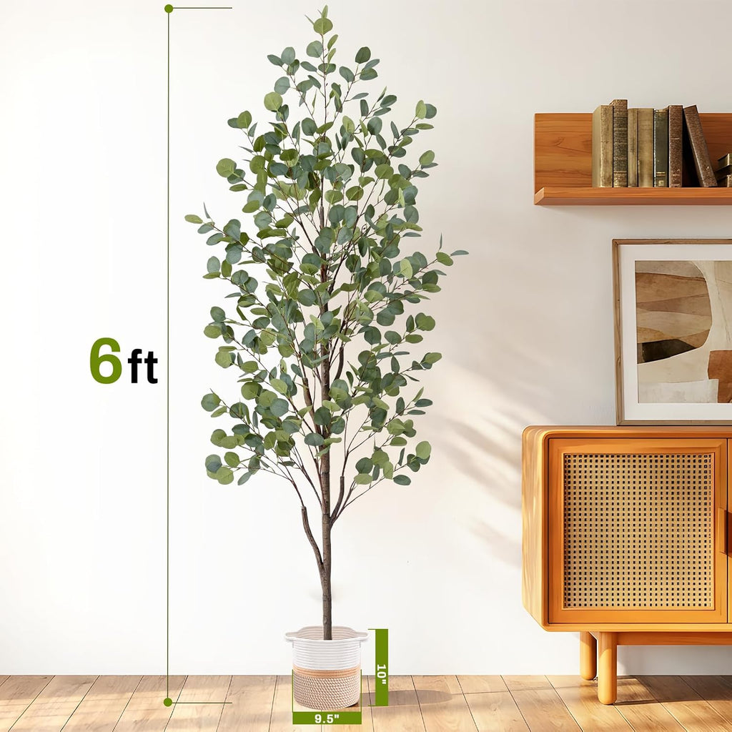 6FT Fake Eucalyptus Tree with Natural Wood Trunk, Artificial Eucalyptus Tree with Planter & Basket, Tall Faux Plant