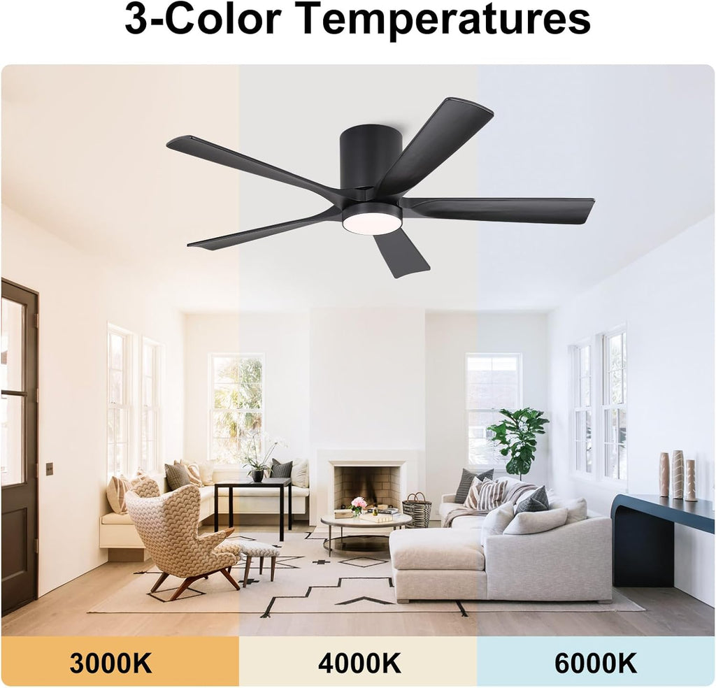 52 Inch Flush Mount Ceiling Fan with Lights, Low Profile Modern Ceiling Fan with Remote, Quiet DC Motor, 6-Speed