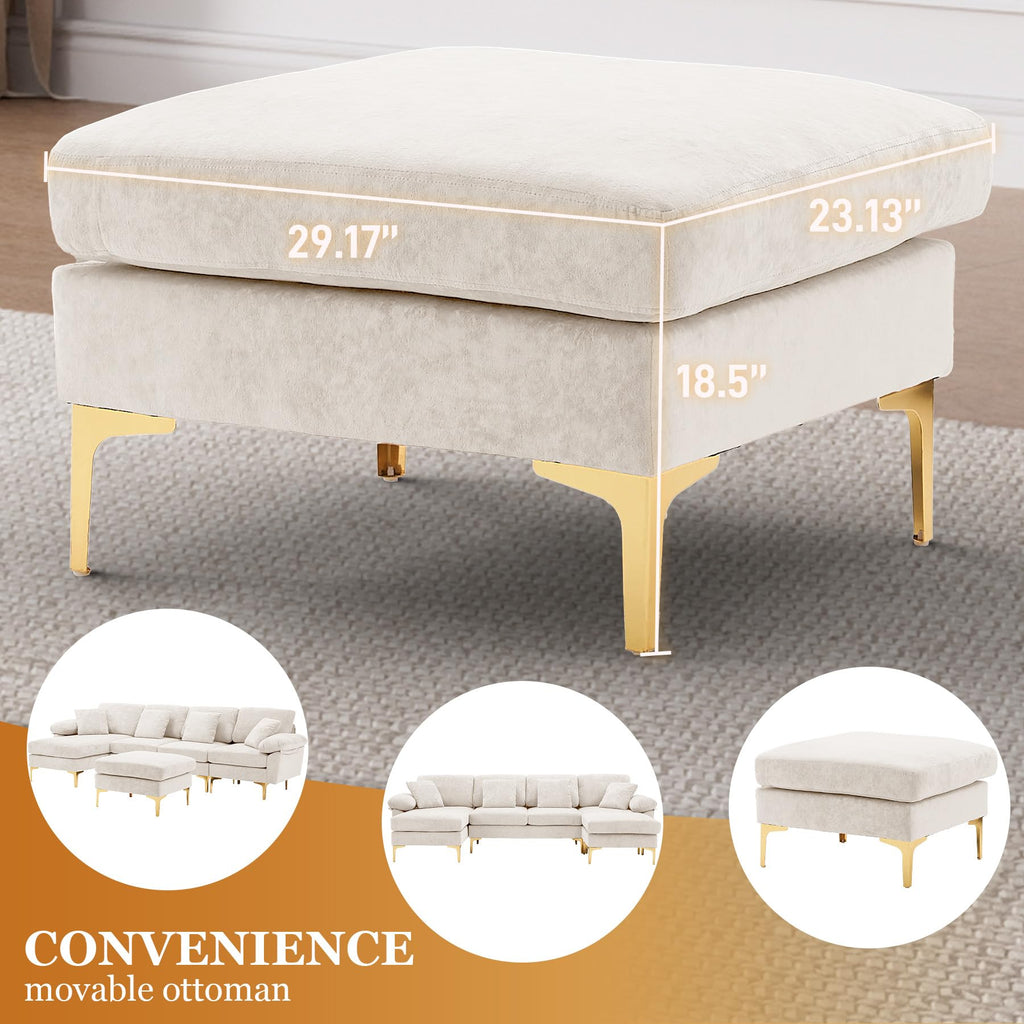 114" U-Shaped Velvet Sectional Couch with Ottoman, White