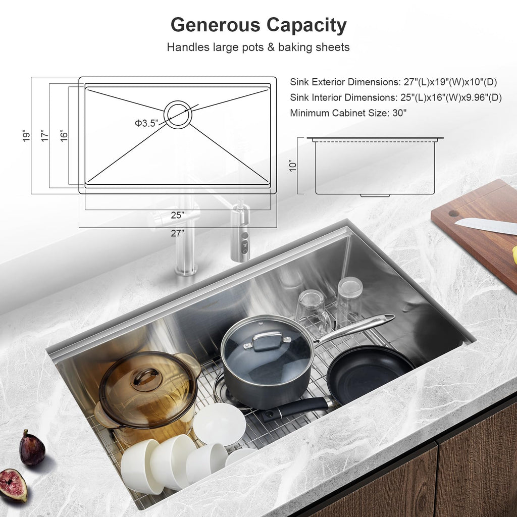27x19 Undermount Kitchen Sink, 18G Stainless Steel Workstation Sink
