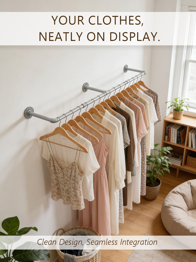 65.7in Industrial Pipe Wall Mounted Clothes Rack, Heavy Duty Detachable Iron Garment Bar, Rustic Space-Saving Hanging