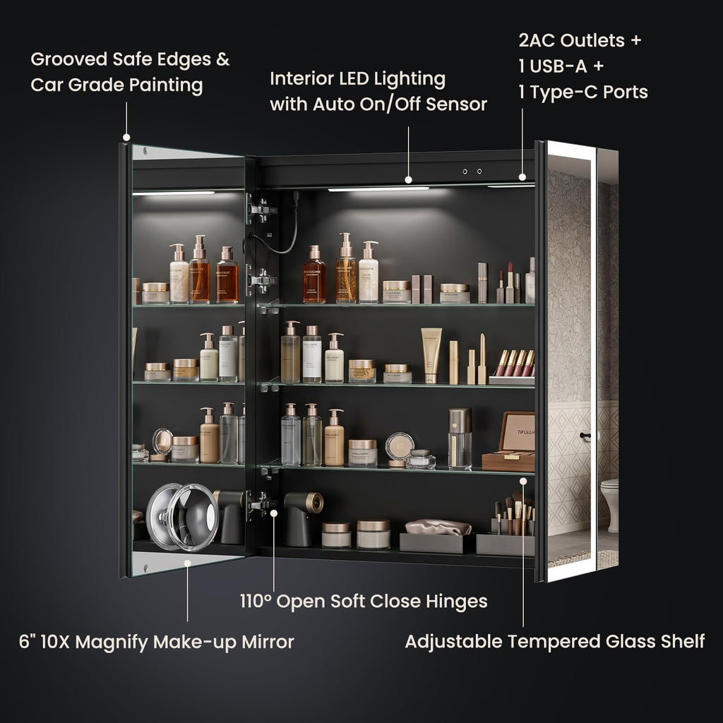 30x32 Two Doors Black Led Medicine Cabinet Mirror