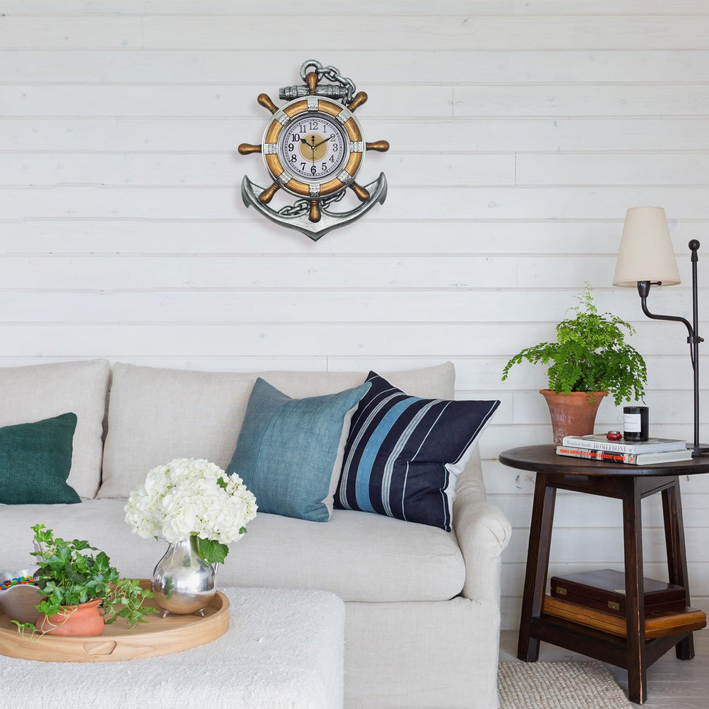 Anchor Clock- Nautical Ship Wheel Rudder Outdoor Wall Clock - Beach Sea Style Decorative Clock (Retro Silver+Bronze)