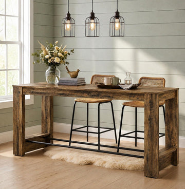 63'' High Top Long Bar Table, 37.4'' Counter Height Pub Table with Metal Footrests, Long Home Bar Unit, Bistro, or