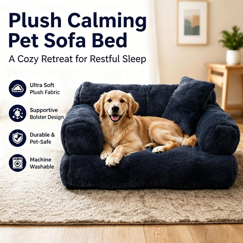Plush Calming Pet Sofa Bed for Dogs and Cats with Removable Washable Cover, Soft Orthopedic Comfort Pet Couch Bed