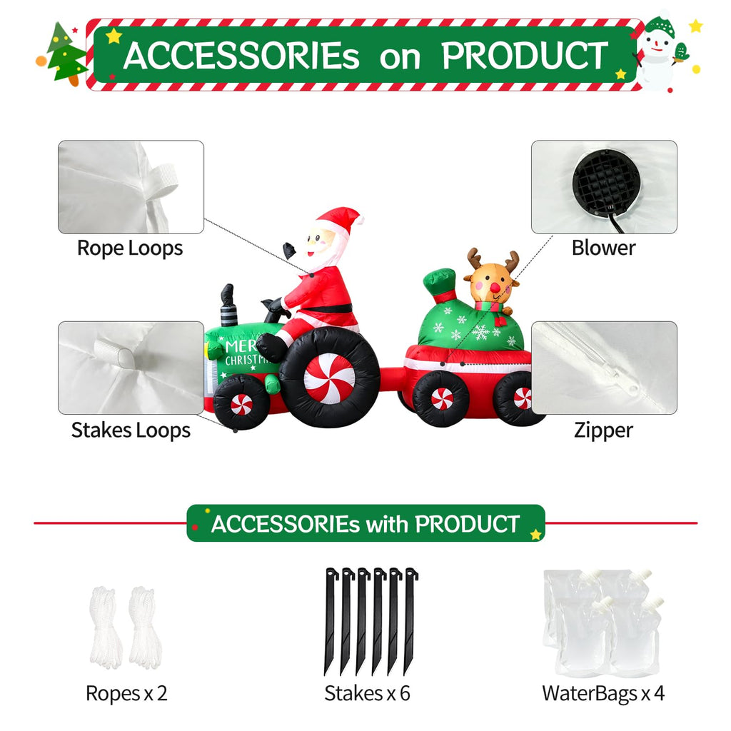 6FT Christmas Inflatables Tractor, Santa Claus Drive Tractor with Reindeer and Gift Bag Blow up Yard Decoration