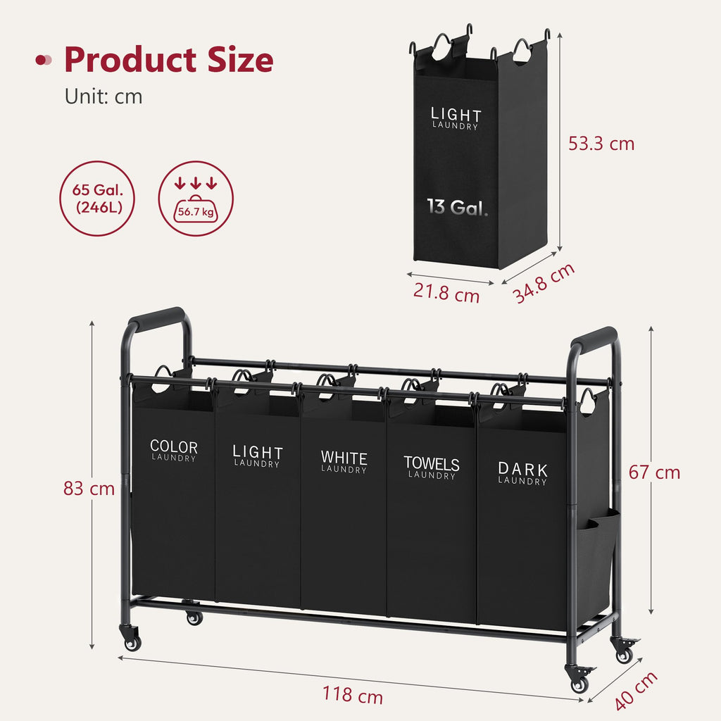 5 Bag Laundry Sorter, 5 Section Laundry Hamper with Wheels, Black