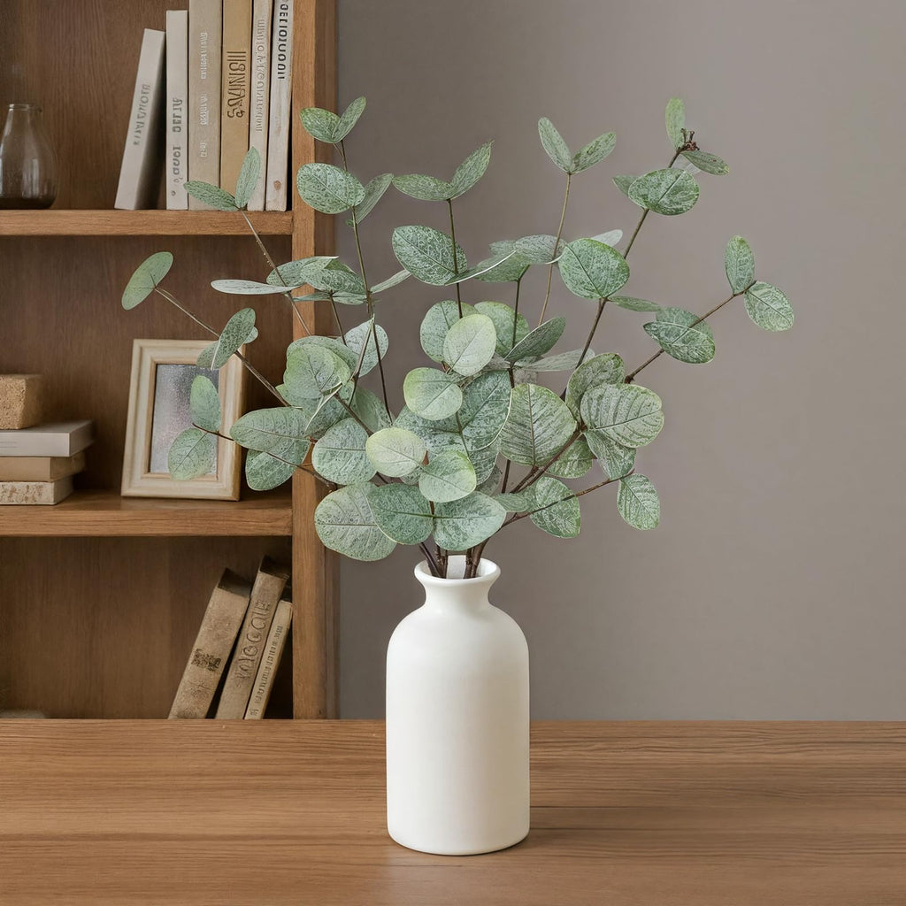 15" Artificial Eucalyptus Stems Potted Plant - Realistic Small Fake Desk Plants Home Decor, Faux Plants in Frosted