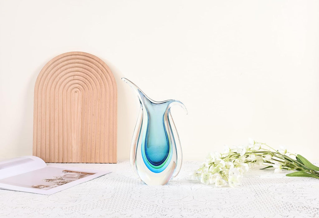 Blown Glass vase, Unique Murano Style Glass Art Deco vase TV Stand, Table Setting, Office, Room and Desktop