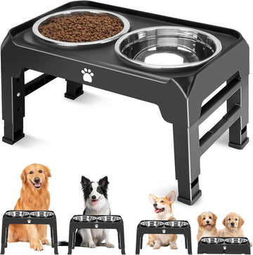 Elevated Bowls with Adjustable Heights - Raised Stand with 2 Stainless Steel Food Bowls, Non-Slip Foldable Feeder