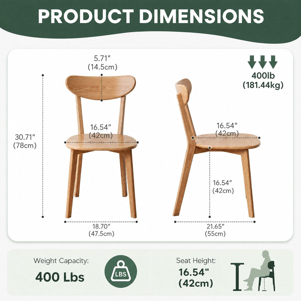 Oak Dining Chairs Set of 4, 100% Solid Wood Kitchen Chairs with Curved Backrest, Mid Century Modern & Farmhouse Side
