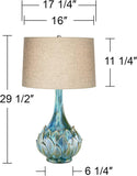 Euro Design Kenya Modern Tropical Table Lamp with USB Dimmer 29 1/2" Tall Blue Green Glaze Ceramic Beige Linen Drum