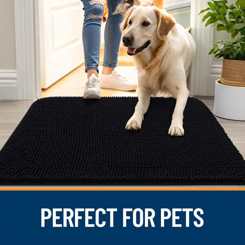 Dog Door Mat for Muddy Paws 36x24, Super Absorbent Chenille Mud Mat | Black, Absorbs Moisture and Dirt, Non-Slip
